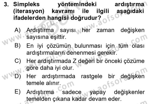 Sayısal Karar Verme Teknikleri Dersi 2024 - 2025 Yılı (Final) Dönem Sonu Sınav Soruları 3. Soru