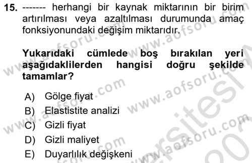Sayısal Karar Verme Teknikleri Dersi 2025 - 2026 Yılı (Vize) Ara Sınav Soruları 15. Soru