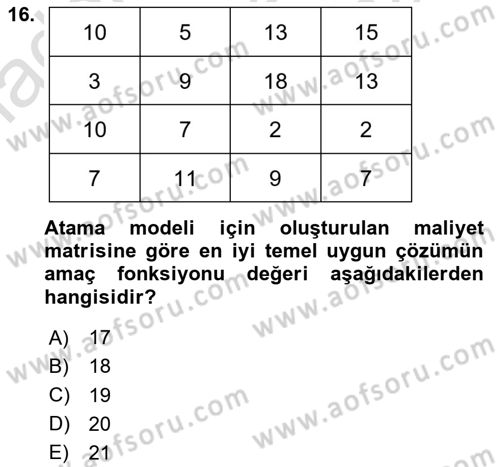 Sayısal Karar Verme Teknikleri Dersi 2025 - 2026 Yılı (Vize) Ara Sınav Soruları 16. Soru