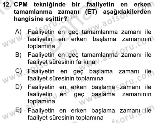 Sayısal Karar Verme Teknikleri Dersi 2025 - 2026 Yılı (Final) Dönem Sonu Sınav Soruları 12. Soru