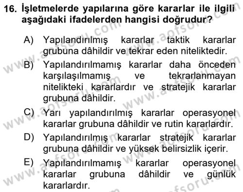 Sayısal Karar Verme Teknikleri Dersi 2025 - 2026 Yılı (Final) Dönem Sonu Sınav Soruları 16. Soru