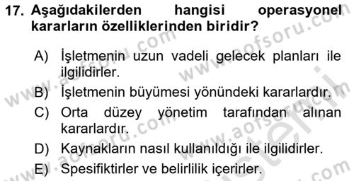 Sayısal Karar Verme Teknikleri Dersi 2025 - 2026 Yılı Yaz Okulu Sınav Soruları 17. Soru