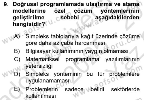 Sayısal Karar Verme Teknikleri Dersi 2025 - 2026 Yılı Yaz Okulu Sınav Soruları 9. Soru