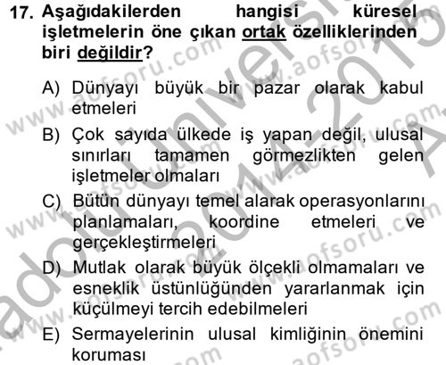 Stratejik Yönetim 2 Dersi 2014 - 2015 Yılı (Vize) Ara Sınavı 17. Soru