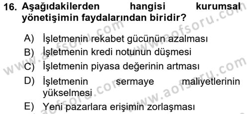 Stratejik Yönetim 2 Dersi 2015 - 2016 Yılı (Final) Dönem Sonu Sınavı 16. Soru