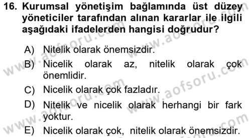 Stratejik Yönetim 2 Dersi 2015 - 2016 Yılı Tek Ders Sınavı 16. Soru