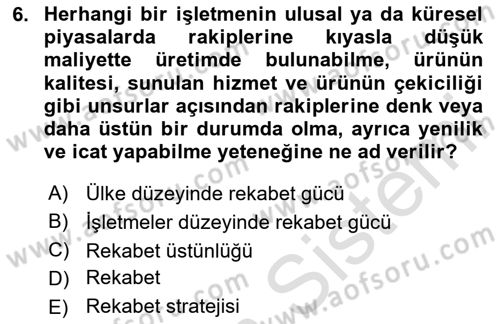 Stratejik Yönetim 2 Dersi 2023 - 2024 Yılı (Vize) Ara Sınavı 6. Soru