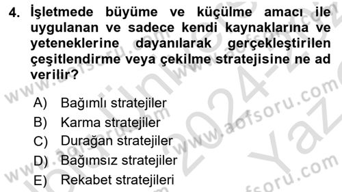 Stratejik Yönetim 2 Dersi 2024 - 2025 Yılı Yaz Okulu Sınav Soruları 4. Soru