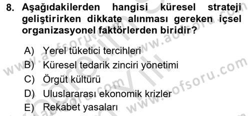 Stratejik Yönetim 2 Dersi 2024 - 2025 Yılı Yaz Okulu Sınav Soruları 8. Soru