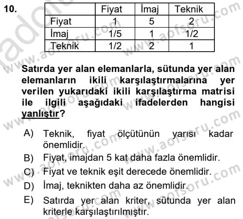 İşletmelerde Karar Verme Teknikleri Dersi 2018 - 2019 Yılı 3 Ders Sınavı 10. Soru