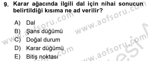 İşletmelerde Karar Verme Teknikleri Dersi 2018 - 2019 Yılı 3 Ders Sınavı 9. Soru