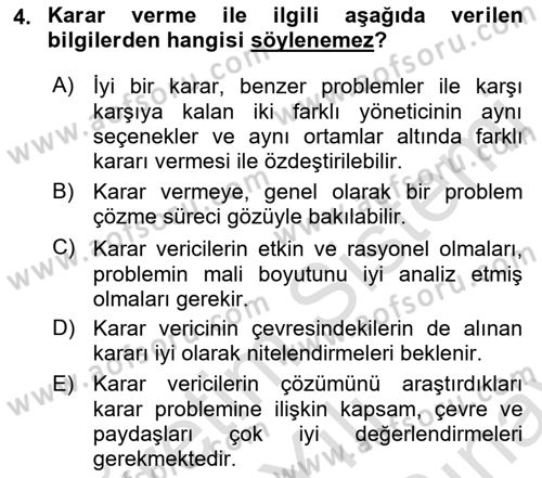 İşletmelerde Karar Verme Teknikleri Dersi 2021 - 2022 Yılı (Final) Dönem Sonu Sınav Soruları 4. Soru