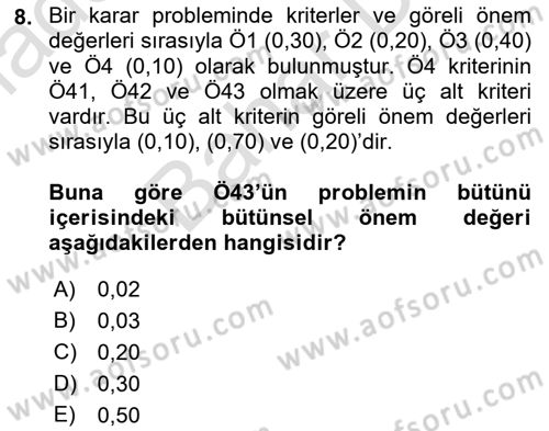 İşletmelerde Karar Verme Teknikleri Dersi 2021 - 2022 Yılı (Final) Dönem Sonu Sınav Soruları 8. Soru