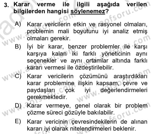 İşletmelerde Karar Verme Teknikleri Dersi 2021 - 2022 Yılı Yaz Okulu Sınav Soruları 3. Soru