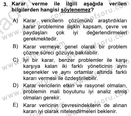İşletmelerde Karar Verme Teknikleri Dersi 2022 - 2023 Yılı Yaz Okulu Sınav Soruları 3. Soru