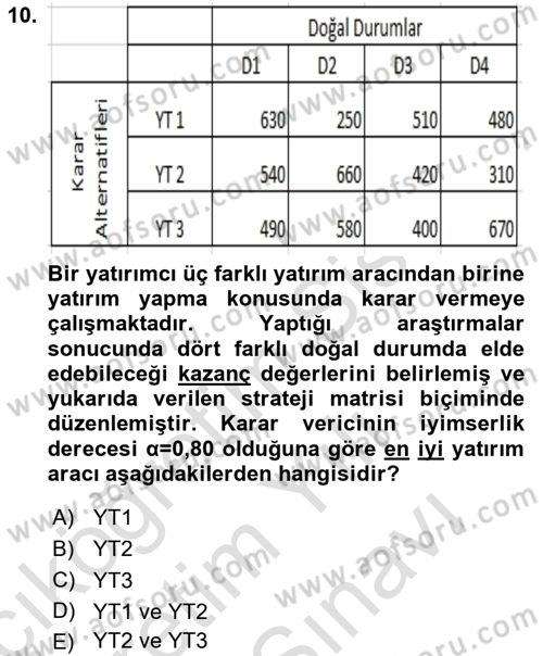 İşletmelerde Karar Verme Teknikleri Dersi 2023 - 2024 Yılı (Vize) Ara Sınav Soruları 10. Soru