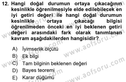 İşletmelerde Karar Verme Teknikleri Dersi 2023 - 2024 Yılı (Vize) Ara Sınav Soruları 12. Soru