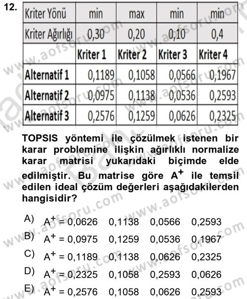 İşletmelerde Karar Verme Teknikleri Dersi 2023 - 2024 Yılı (Final) Dönem Sonu Sınav Soruları 12. Soru