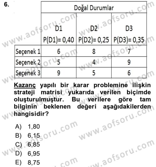 İşletmelerde Karar Verme Teknikleri Dersi 2023 - 2024 Yılı (Final) Dönem Sonu Sınav Soruları 6. Soru
