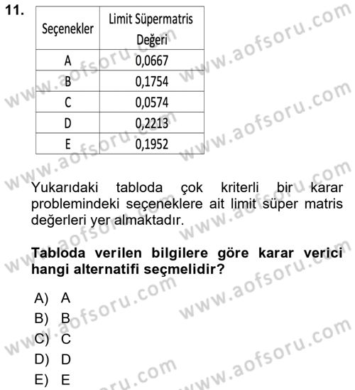 İşletmelerde Karar Verme Teknikleri Dersi Yaz Okulu Sınavı Deneme Sınav Soruları 11. Soru