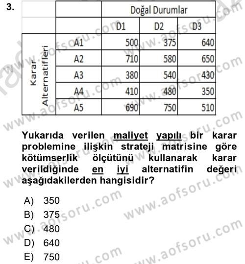 İşletmelerde Karar Verme Teknikleri Dersi 2023 - 2024 Yılı Yaz Okulu Sınav Soruları 3. Soru