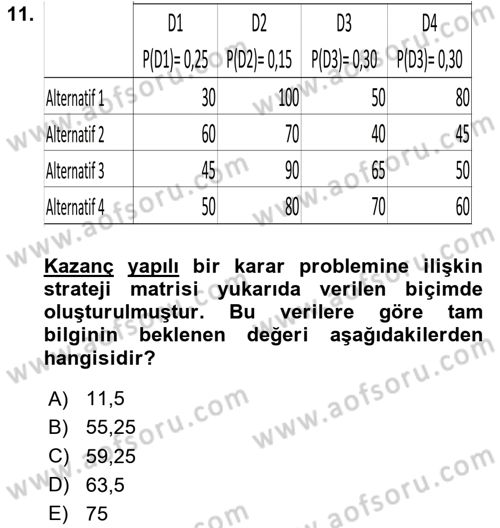 İşletmelerde Karar Verme Teknikleri Dersi 2024 - 2025 Yılı (Vize) Ara Sınav Soruları 11. Soru