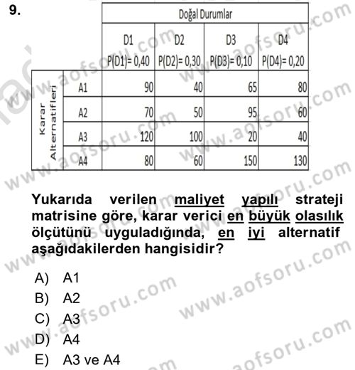 İşletmelerde Karar Verme Teknikleri Dersi 2024 - 2025 Yılı (Vize) Ara Sınav Soruları 9. Soru