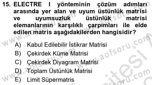 İşletmelerde Karar Verme Teknikleri Dersi 2024 - 2025 Yılı (Final) Dönem Sonu Sınav Soruları 15. Soru