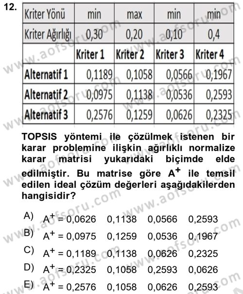İşletmelerde Karar Verme Teknikleri Dersi 2024 - 2025 Yılı Yaz Okulu Sınav Soruları 12. Soru