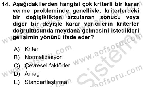 İşletmelerde Karar Verme Teknikleri Dersi 2024 - 2025 Yılı Yaz Okulu Sınav Soruları 14. Soru
