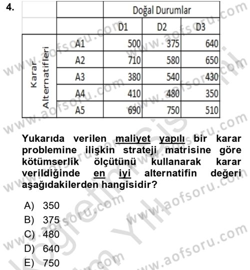 İşletmelerde Karar Verme Teknikleri Dersi 2024 - 2025 Yılı Yaz Okulu Sınav Soruları 4. Soru