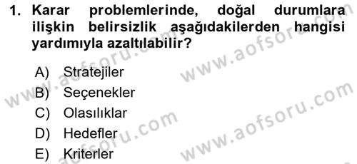 İşletmelerde Karar Verme Teknikleri Dersi 2025 - 2026 Yılı (Vize) Ara Sınav Soruları 1. Soru