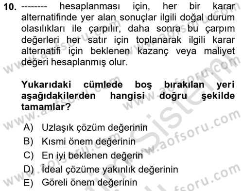 İşletmelerde Karar Verme Teknikleri Dersi 2025 - 2026 Yılı (Vize) Ara Sınav Soruları 10. Soru