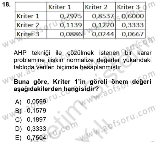 İşletmelerde Karar Verme Teknikleri Dersi 2025 - 2026 Yılı (Vize) Ara Sınav Soruları 18. Soru
