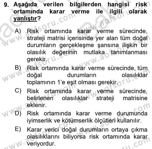 İşletmelerde Karar Verme Teknikleri Dersi 2025 - 2026 Yılı (Vize) Ara Sınav Soruları 9. Soru