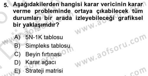İşletmelerde Karar Verme Teknikleri Dersi 2025 - 2026 Yılı (Final) Dönem Sonu Sınav Soruları 5. Soru