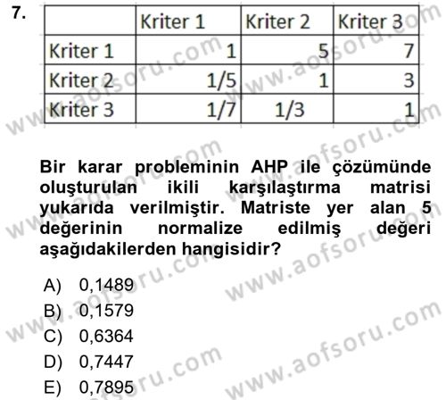 İşletmelerde Karar Verme Teknikleri Dersi 2025 - 2026 Yılı (Final) Dönem Sonu Sınav Soruları 7. Soru