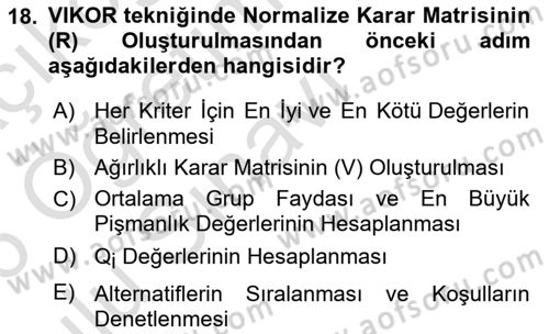 İşletmelerde Karar Verme Teknikleri Dersi 2025 - 2026 Yılı Yaz Okulu Sınav Soruları 18. Soru