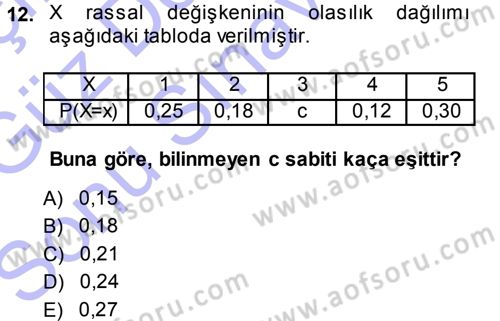 İstatistik 1 Dersi 2013 - 2014 Yılı (Final) Dönem Sonu Sınavı 12. Soru