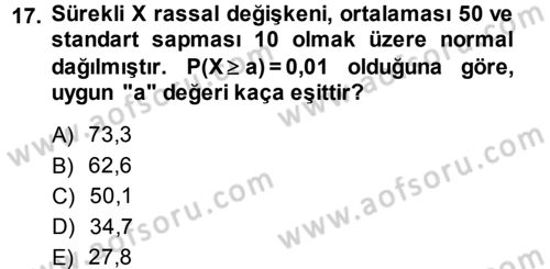 İstatistik 1 Dersi 2013 - 2014 Yılı (Final) Dönem Sonu Sınavı 17. Soru