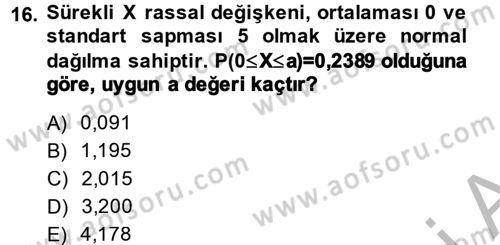 İstatistik 1 Dersi 2014 - 2015 Yılı (Final) Dönem Sonu Sınavı 16. Soru