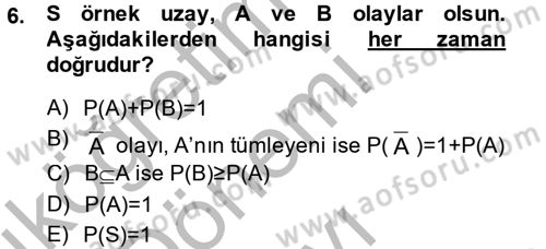 İstatistik 1 Dersi 2014 - 2015 Yılı (Final) Dönem Sonu Sınavı 6. Soru