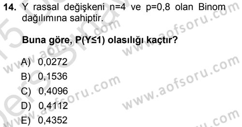 İstatistik 1 Dersi 2014 - 2015 Yılı Tek Ders Sınavı 14. Soru