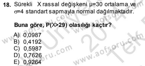 İstatistik 1 Dersi 2014 - 2015 Yılı Tek Ders Sınavı 18. Soru