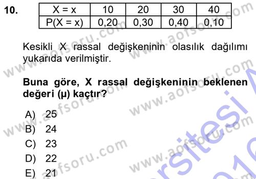 İstatistik 1 Dersi 2015 - 2016 Yılı (Final) Dönem Sonu Sınavı 10. Soru