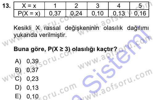 İstatistik 1 Dersi 2015 - 2016 Yılı (Final) Dönem Sonu Sınavı 13. Soru