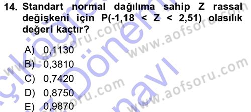 İstatistik 1 Dersi 2015 - 2016 Yılı (Final) Dönem Sonu Sınavı 14. Soru