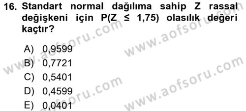 İstatistik 1 Dersi 2015 - 2016 Yılı (Final) Dönem Sonu Sınavı 16. Soru