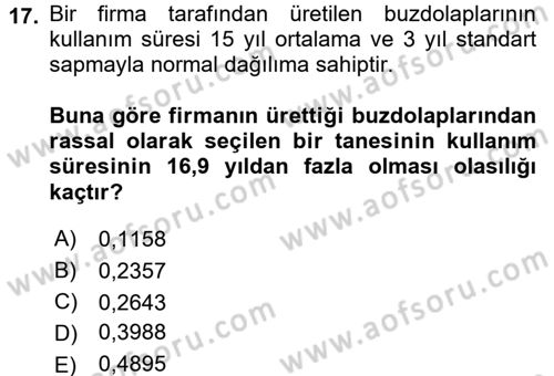 İstatistik 1 Dersi 2015 - 2016 Yılı (Final) Dönem Sonu Sınavı 17. Soru