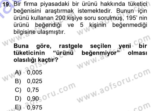 İstatistik 1 Dersi 2015 - 2016 Yılı (Final) Dönem Sonu Sınavı 19. Soru